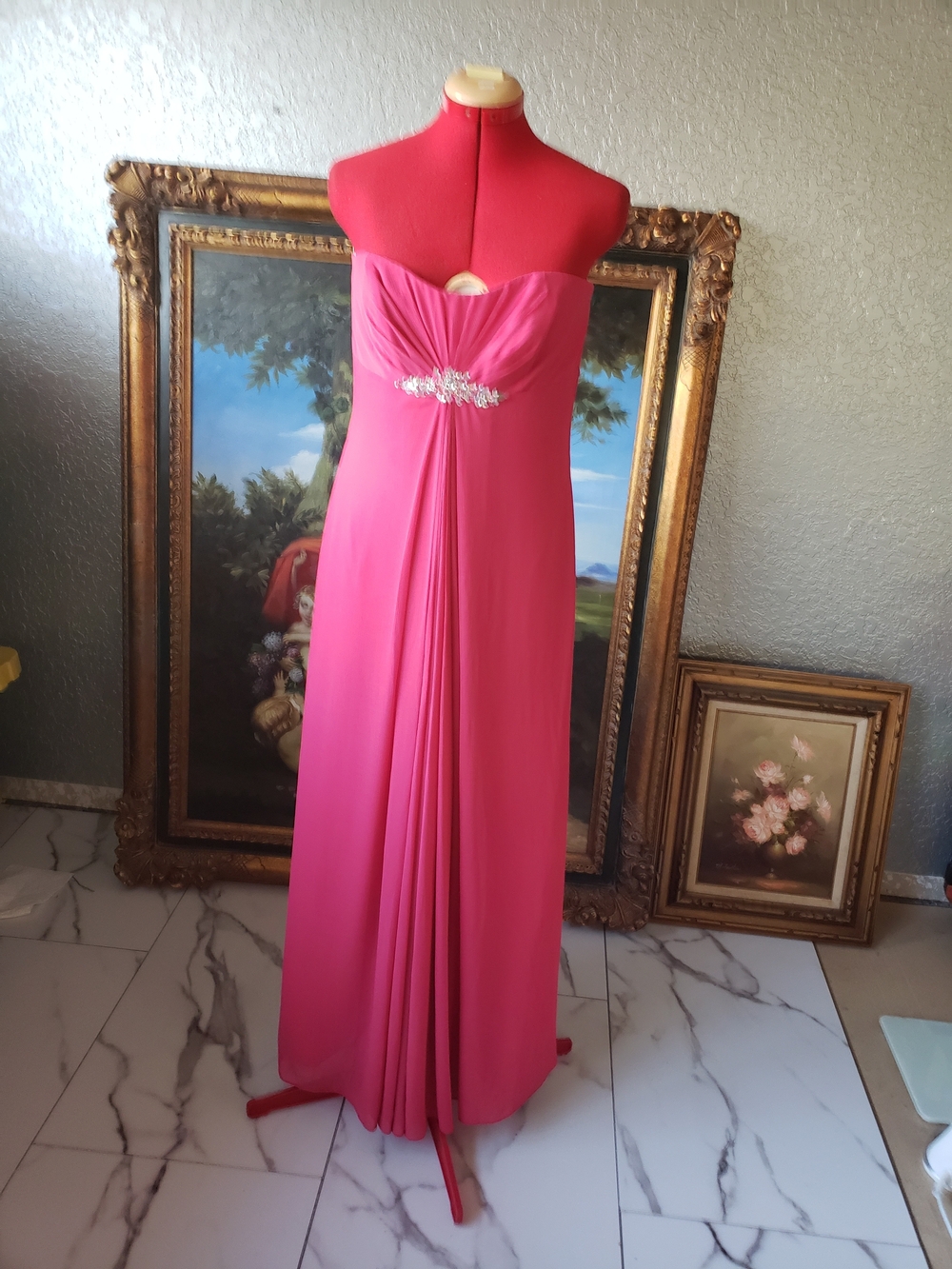 Strapless Hot Pink Evening Gown with Crystal Waist Accent